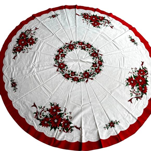 Vintage Christmas Holiday Tablecloth round white red poinsettias cotton poly 80s - Picture 1 of 9